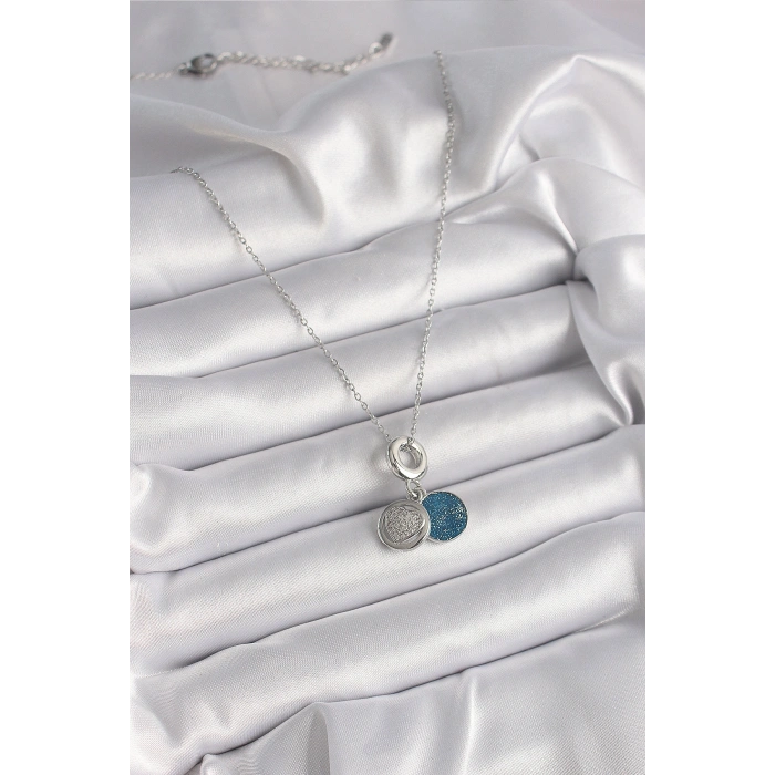 Erb 316L Çelik Gümüş Renk Zincir Zirkon Taşlı İşleme Mavi Simli Kadın Kolye