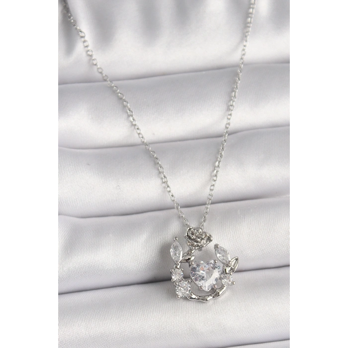 Erb 316L Çelik Gümüş Renk Zincir Zirkon Taşlı Kalp Figür Gül Detay Kadın Kolye