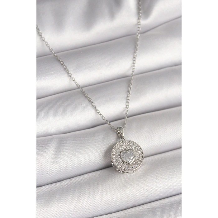 Erb 316L Çelik Gümüş Renk Zincir Zirkon Taşlı Kalp İşlemeli Madalyon Model Kadın Kolye