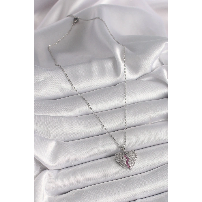Erb 316L Çelik Gümüş Renk Zincir Zirkon Taşlı Kalp Model Kadın Kolye