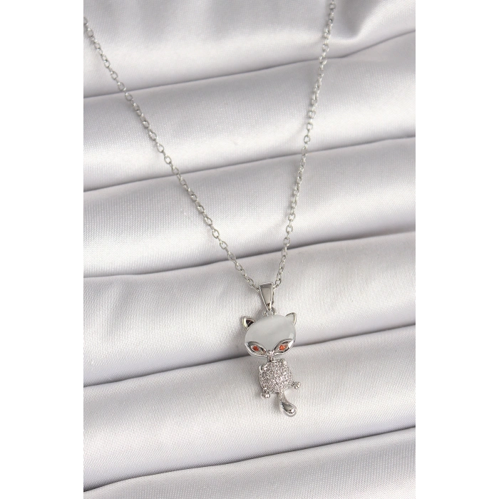 Erb 316L Çelik Gümüş Renk Zincir Zirkon Taşlı Kedi Model Kadın Kolye
