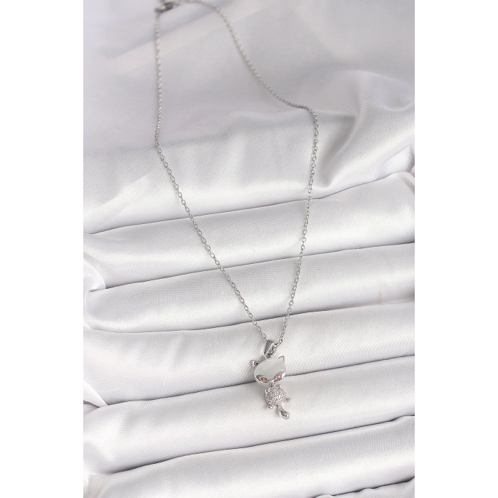 Erb 316L Çelik Gümüş Renk Zincir Zirkon Taşlı Kedi Model Kadın Kolye