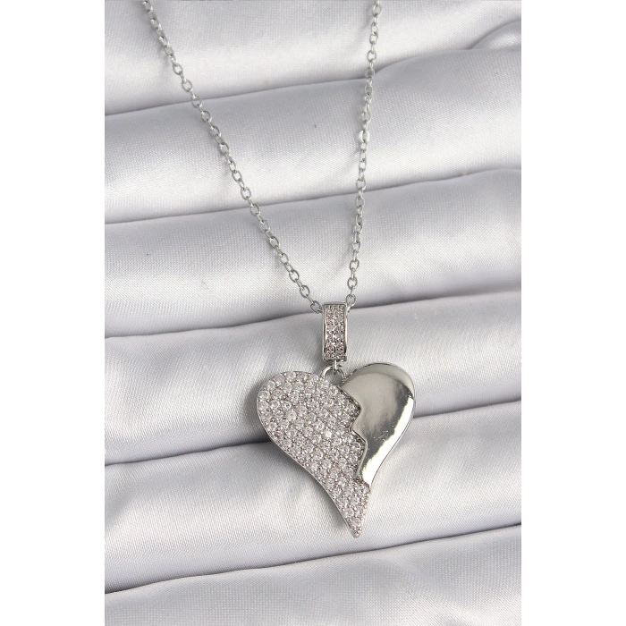 Erb 316L Çelik Gümüş Renk Zincir Zirkon Taşlı Kırık Kalp Model Kadın Kolye