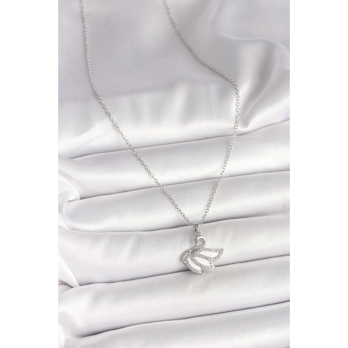 Erb 316L Çelik Gümüş Renk Zincir Zirkon Taşlı Kuğu Model Kadın Kolye