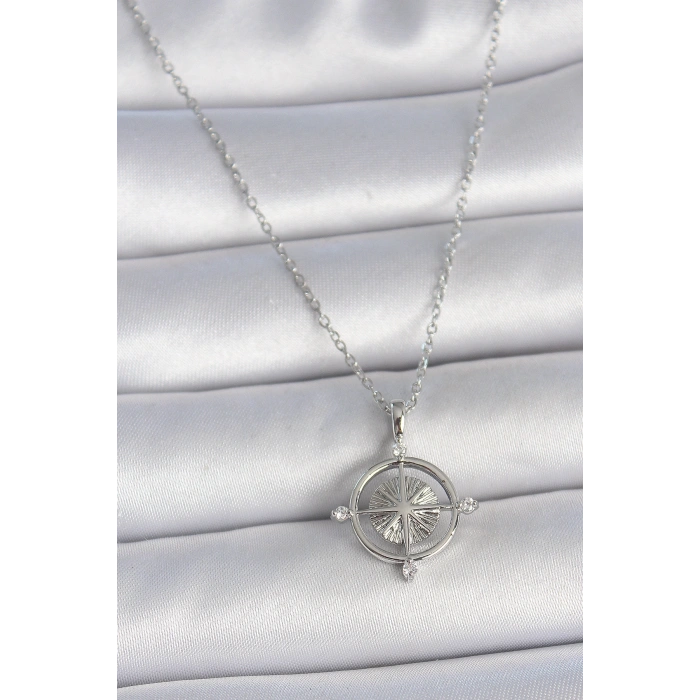 Erb 316L Çelik Gümüş Renk Zincir Zirkon Taşlı Pusula Model Kadın Kolye