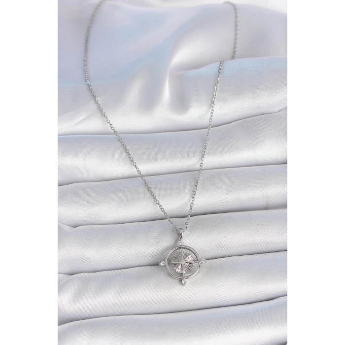 Erb 316L Çelik Gümüş Renk Zincir Zirkon Taşlı Pusula Model Kadın Kolye