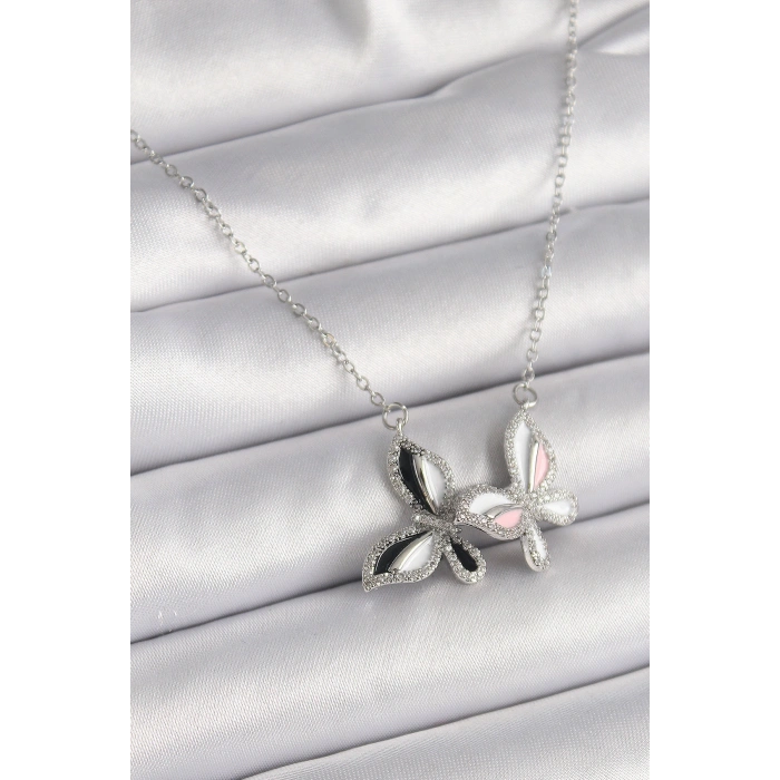 Erb 316L Çelik Gümüş Renk Zincir Zirkon Taşlı Renkli Kelebek Model Kadın Kolye