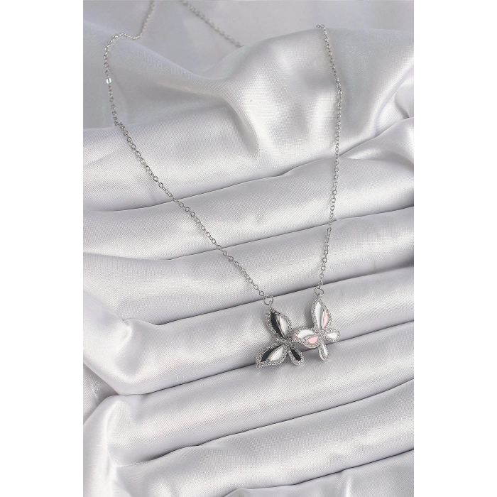 Erb 316L Çelik Gümüş Renk Zincir Zirkon Taşlı Renkli Kelebek Model Kadın Kolye
