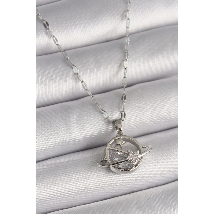 Erb 316L Çelik Gümüş Renk Zincir Zirkon Taşlı Yıldız Detay Gezegen Model Kadın Kolye