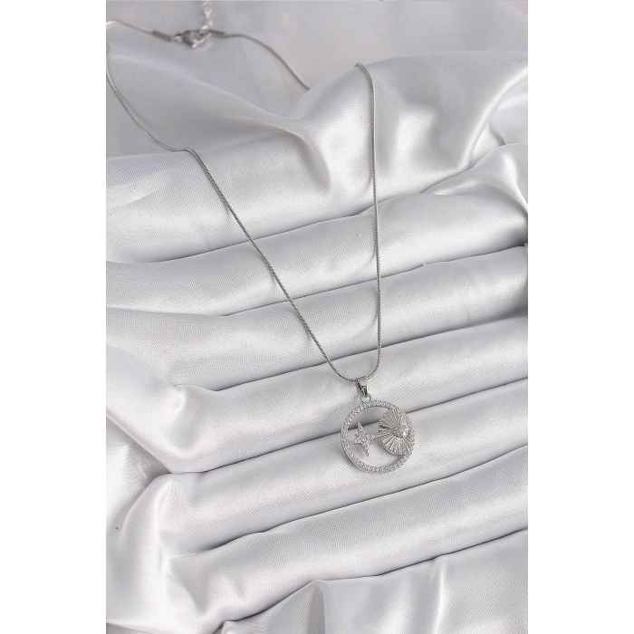 Erb 316L Çelik Gümüş Renk Zincir Zirkon Taşlı Yıldız Madalyon Model Kadın Kolye