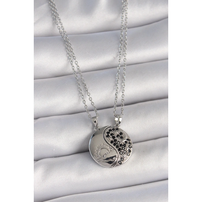 Erb 316L Çelik Gümüş Renk Zincir Zirkon Taşlı Ying Yang Model Gün Batımı İşlemeli Arakdaşlık Kadın Kolye