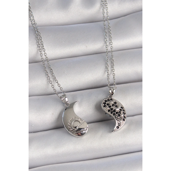 Erb 316L Çelik Gümüş Renk Zincir Zirkon Taşlı Ying Yang Model Gün Batımı İşlemeli Arakdaşlık Kadın Kolye