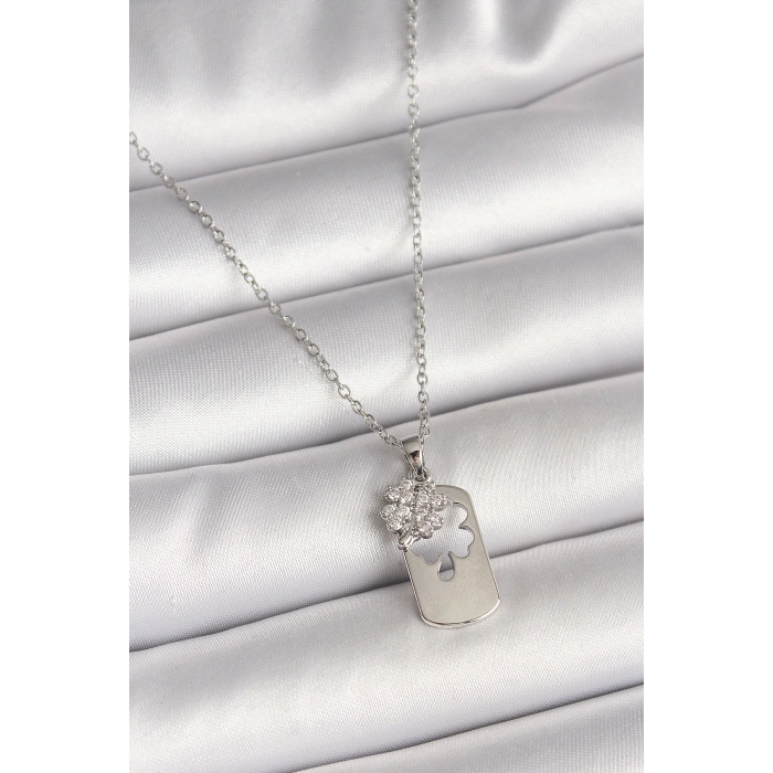 Erb 316L Çelik Gümüş Renk Zincir Zirkon Taşlı Yonca Model Kadın Kolye