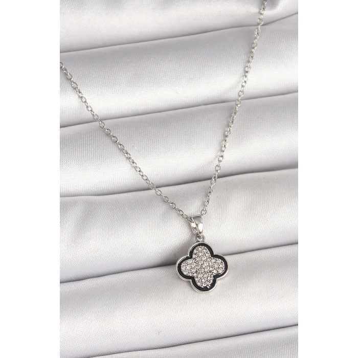 Erb 316L Çelik Gümüş Renk Zincir Zirkon Taşlı Yonca Model Kadın Kolye