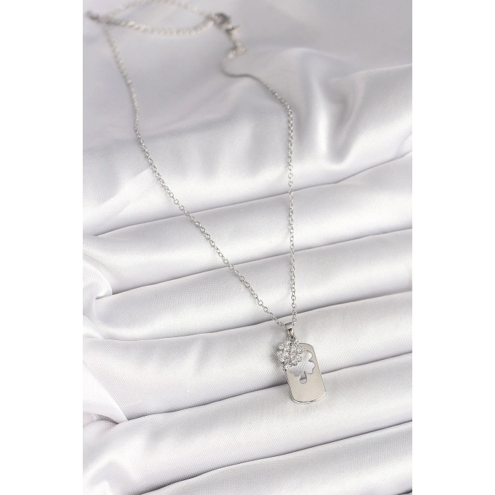 Erb 316L Çelik Gümüş Renk Zincir Zirkon Taşlı Yonca Model Kadın Kolye