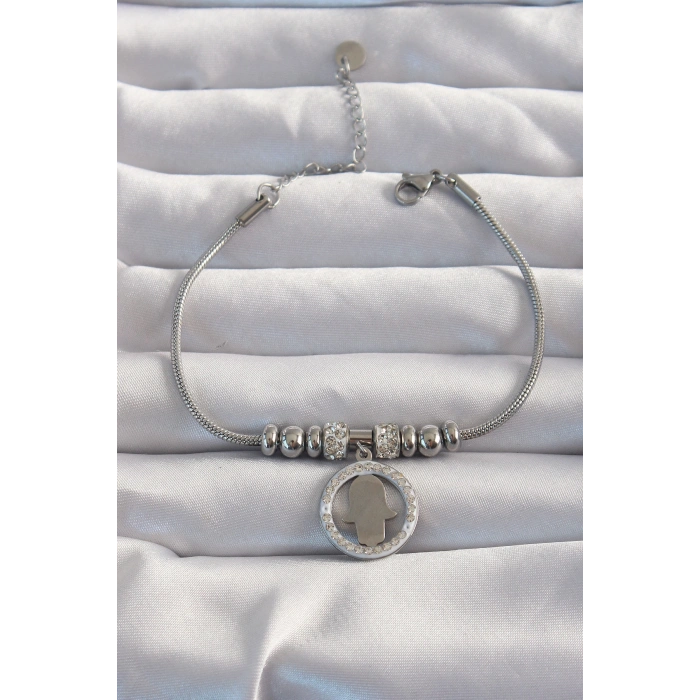 Erb 316L Çelik Gümüş Renk Zirkon Taş Aksesuarlı Fatma Ana Eli Bileklik