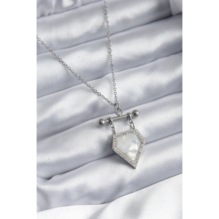 Erb 316L Çelik Gümüş Renk Zirkon Taş Detay Kadın Kolye