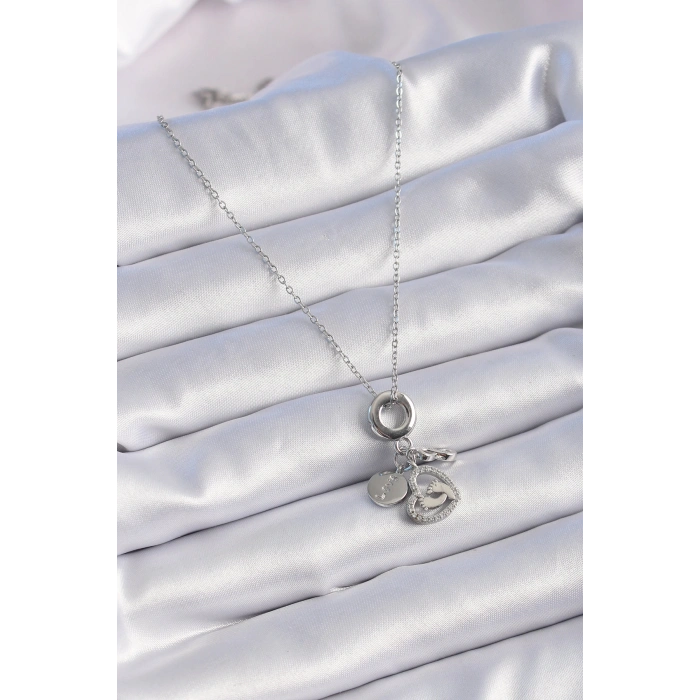 Erb 316L Çelik Gümüş Renk Zirkon Taş Detay Kalp Model Charm Kadın Kolye