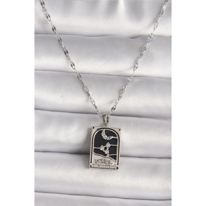 Erb 316L Çelik Gümüş Renk Zirkon Taşlı  Ay Figürlü Taror Model Kadın Kolye