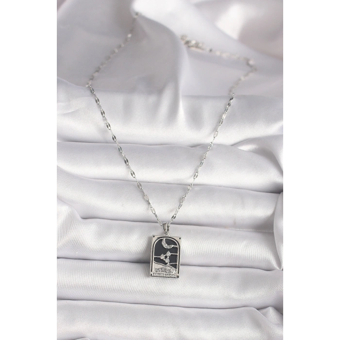 Erb 316L Çelik Gümüş Renk Zirkon Taşlı  Ay Figürlü Taror Model Kadın Kolye