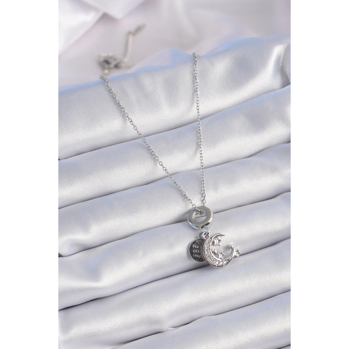 Erb 316L Çelik Gümüş Renk Zirkon Taşlı Ay Yıldız  Figür Charm Model Kadın Kolye