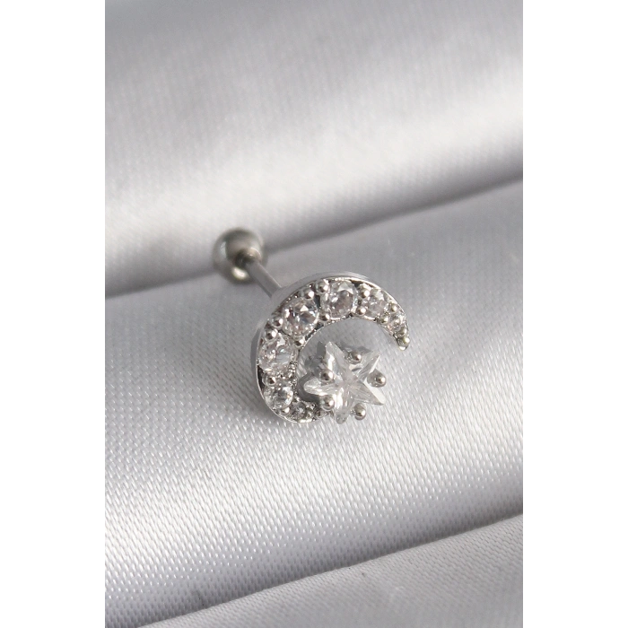 Erb 316L Çelik Gümüş Renk Zirkon Taşlı Ay Yıldız Tragus Piercing