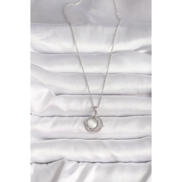 Erb 316L Çelik Gümüş Renk Zirkon Taşlı Beyaz Sedefli Hilal Model Kadın Kolye