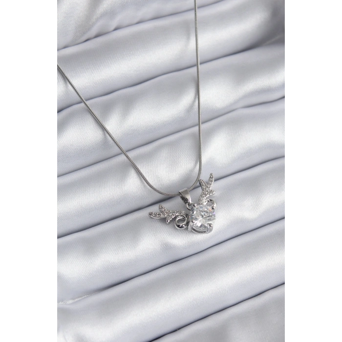 Erb 316L Çelik Gümüş Renk Zirkon Taşlı Boynuz Model Kadın Kolye