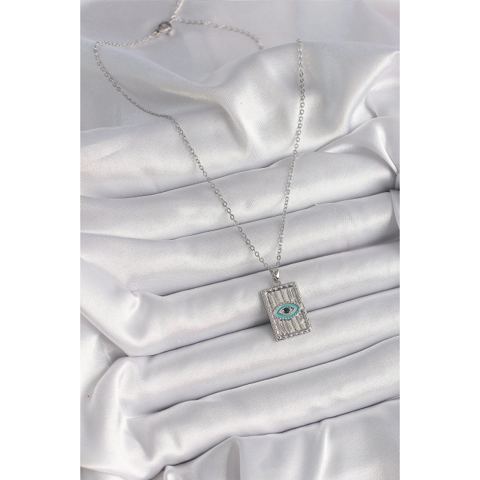 Erb 316L Çelik Gümüş Renk Zirkon Taşlı Göz İşleme Detaylı Plaka Model Kadın Kolye