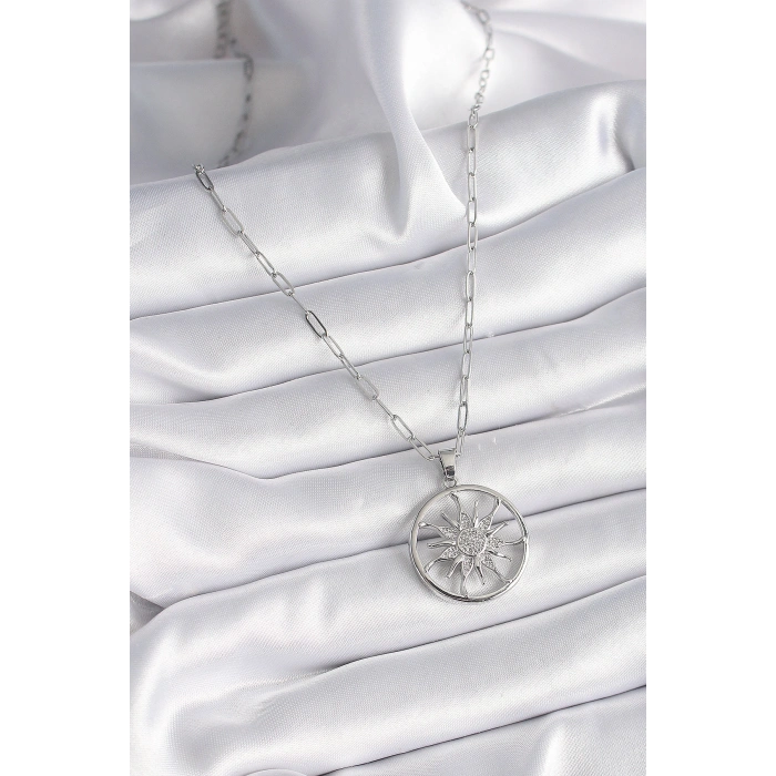 Erb 316L Çelik Gümüş Renk Zirkon Taşlı Güneş Madalyon Model Kadın Kolye
