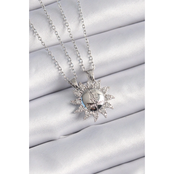 Erb 316L Çelik Gümüş Renk Zirkon Taşlı Güneş Model İşleme Yazı Detay Arkadaşlık Kolyesi