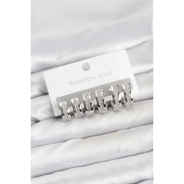 Erb 316L Çelik Gümüş Renk Zirkon Taşlı Halka Küpe Seti