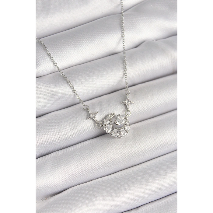 Erb 316L Çelik Gümüş Renk Zirkon Taşlı Hilal Kalp Model Kadın Kolye