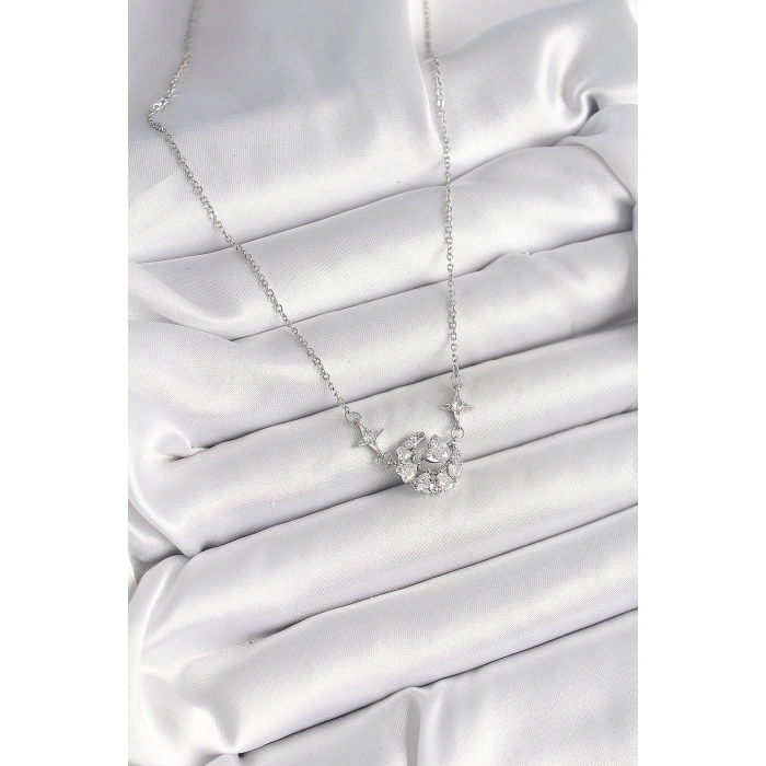 Erb 316L Çelik Gümüş Renk Zirkon Taşlı Hilal Kalp Model Kadın Kolye