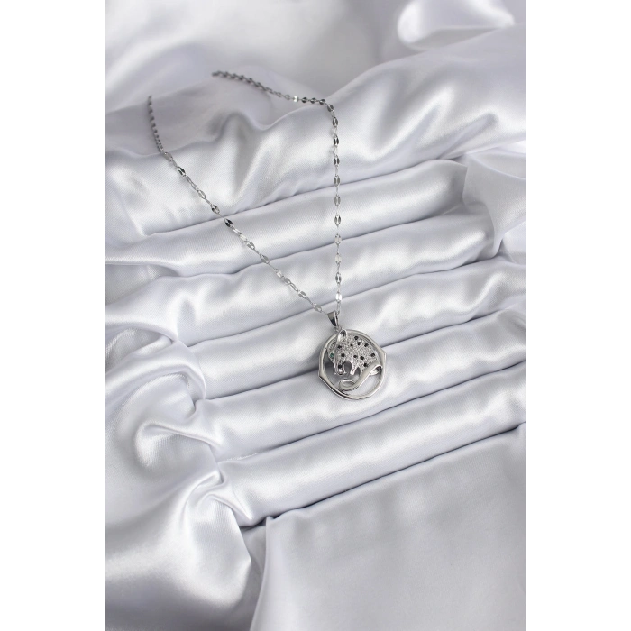 Erb 316L Çelik Gümüş Renk Zirkon Taşlı Jaguar Model Kadın Kolye