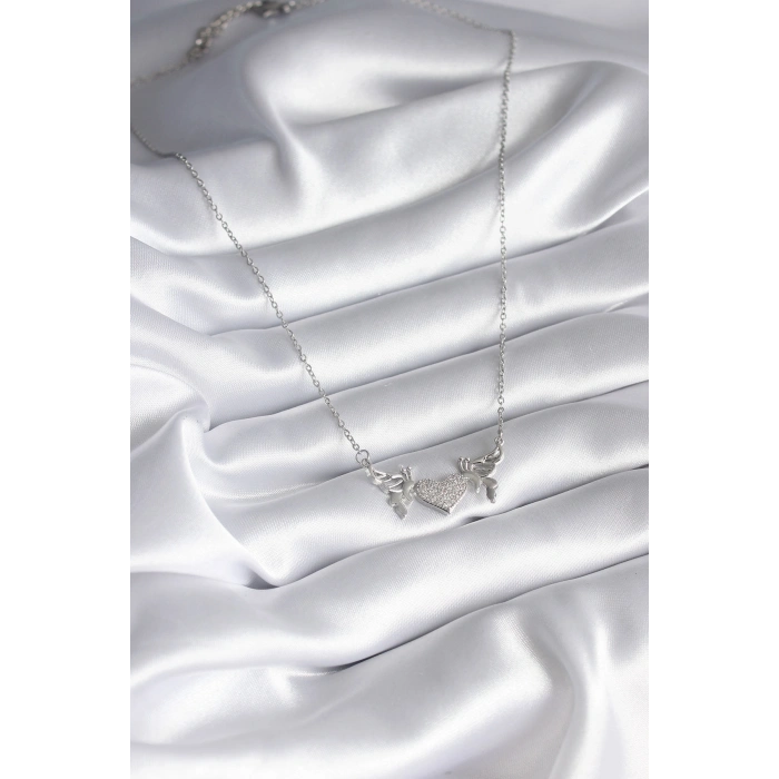 Erb 316L Çelik Gümüş Renk Zirkon Taşlı Kanat Kalp Model Kadın Kolye