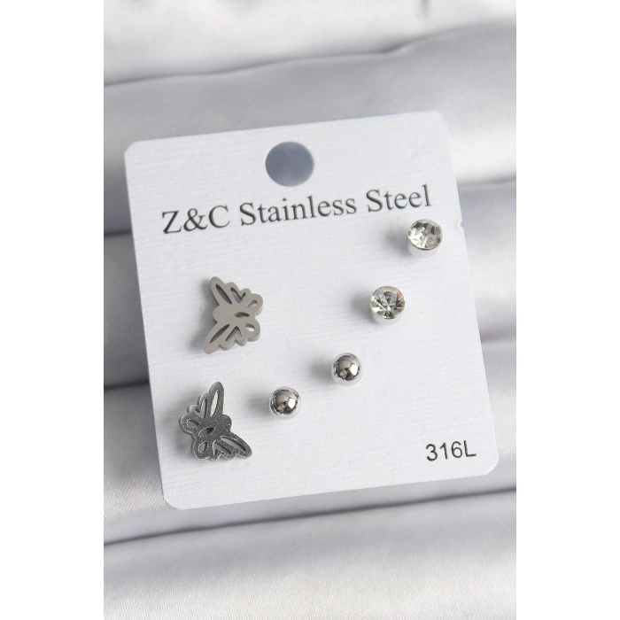 Erb 316L Çelik Gümüş Renk Zirkon Taşlı Kelebek Model Kadın Küpe Seti