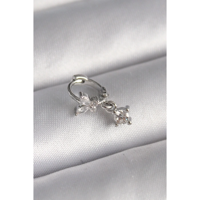 Erb 316L Çelik Gümüş Renk Zirkon Taşlı Kelebek Model Sallantı Detay Tragus Piercing