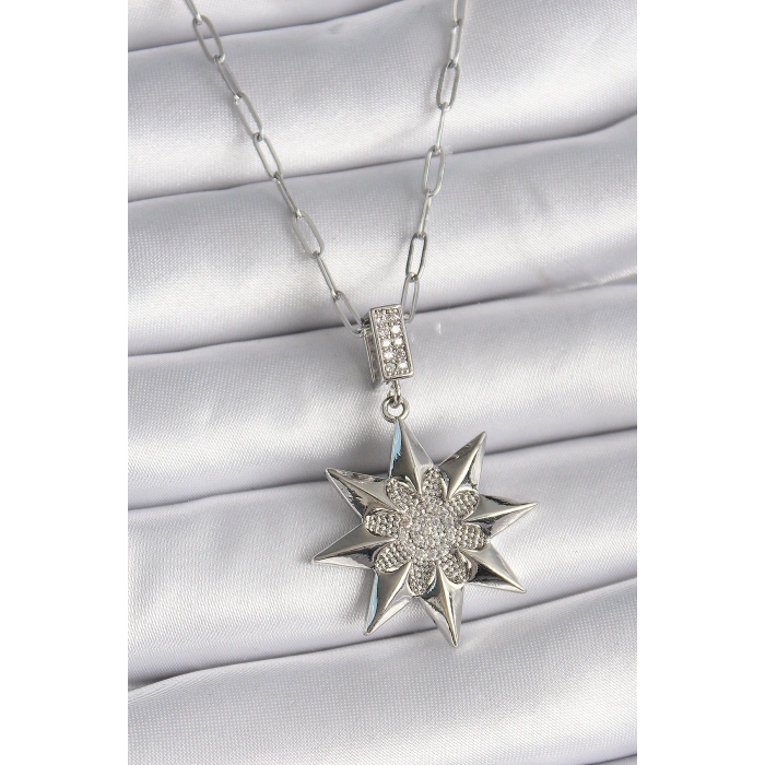 Erb 316L Çelik Gümüş Renk Zirkon Taşlı Kutup Yıldızı Model Kadın Kolye