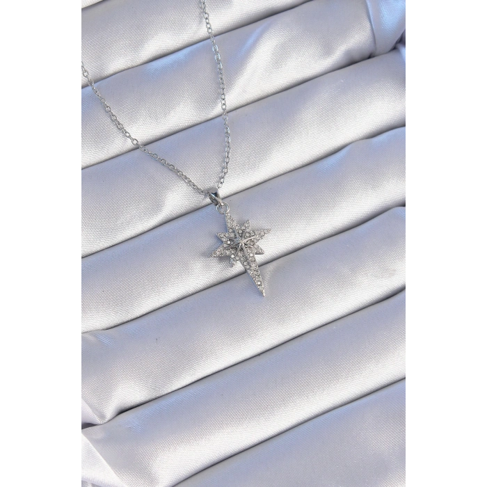 Erb 316L Çelik Gümüş Renk Zirkon Taşlı Kutup Yıldızı Model Kolye