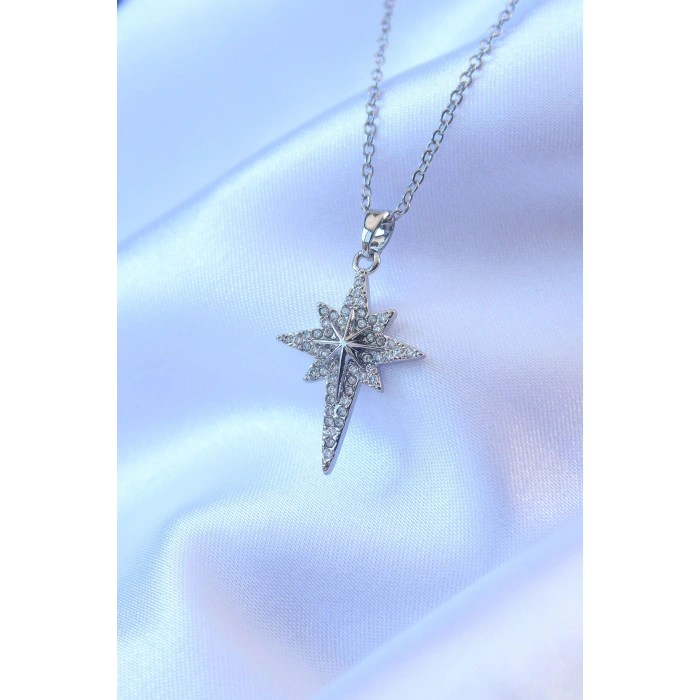 Erb 316L Çelik Gümüş Renk Zirkon Taşlı Kutup Yıldızı Model Kolye