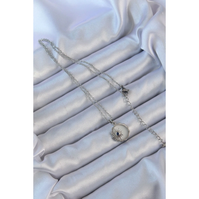 Erb 316L Çelik Gümüş Renk Zirkon Taşlı Mineli Kutup Yıldızı Kolye