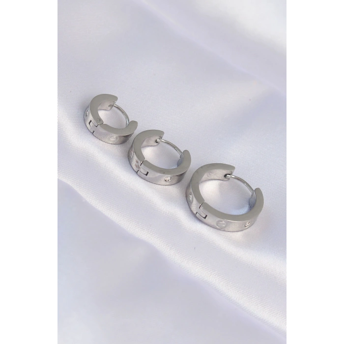 Erb 316L Çelik Gümüş Renk Zirkon Taşlı Model 3lü Halka Küpe