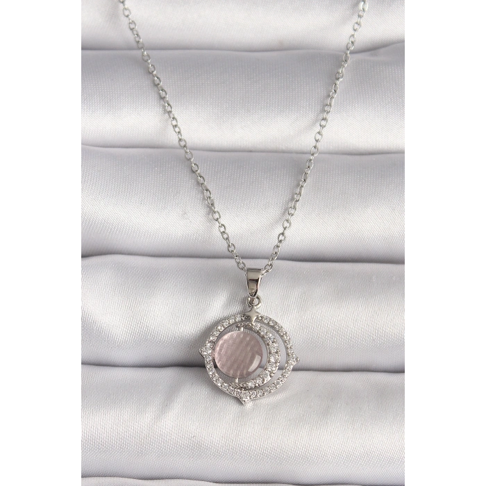 Erb 316L Çelik Gümüş Renk Zirkon Taşlı Pembe Sedefli Hilal Model Kadın Kolye