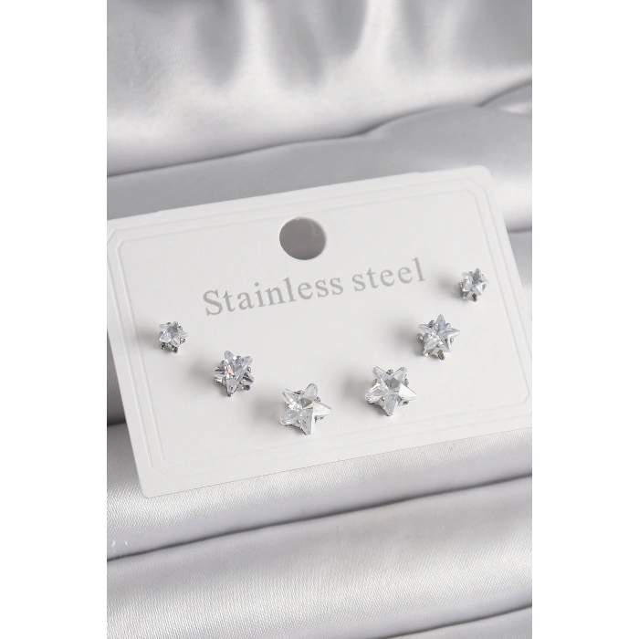 Erb 316L Çelik Gümüş Renk Zirkon Taşlı Yıldız Model Kadın Küpe Seti