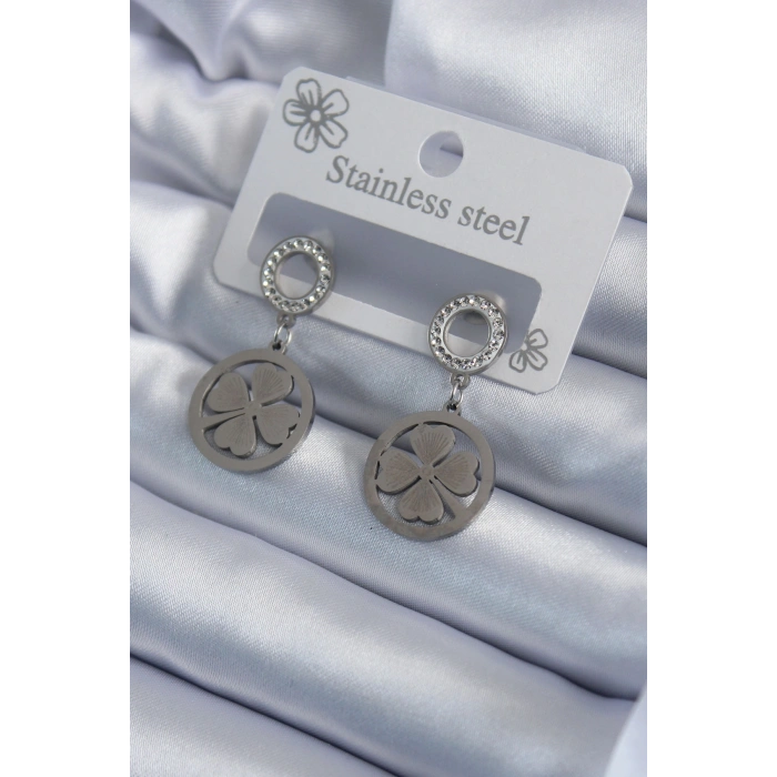 Erb 316L Çelik Gümüş Renk Zirkon Taşlı Yonca Model İşleme Detay Kadın Küpe