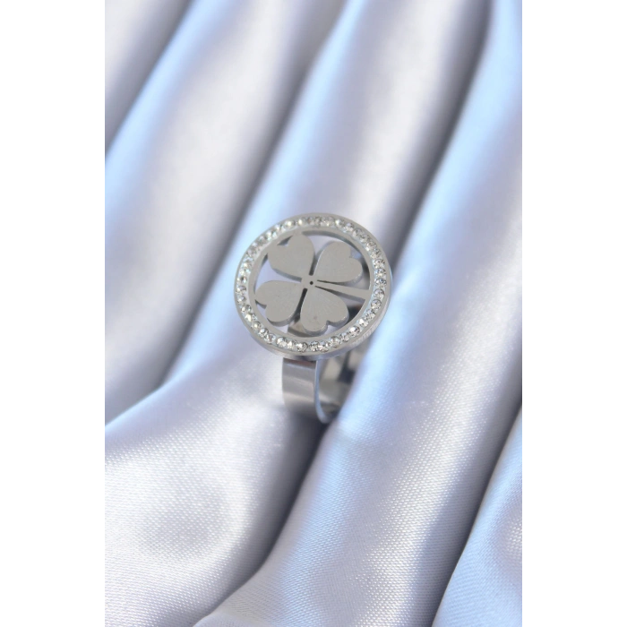 Erb 316L Çelik Gümüş Renk Zirkon Taşlı Yonca Model Kadın Yüzük