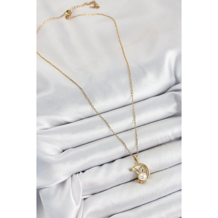 Erb 316L Çelik İnci Detaylı Hilal Tavşan Model Gold Renk Kadın Kolye