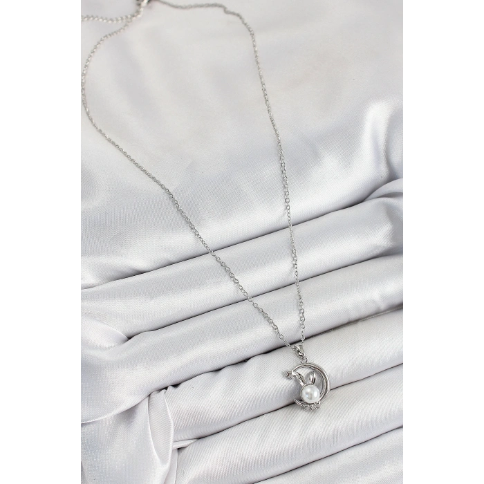 Erb 316L Çelik İnci Detaylı Hilal Tavşan Model Gümüş Renk Kadın Kolye