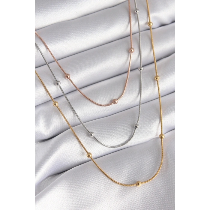 Erb 316L Çelik Mix Renk 3'lü Topçuk Detay Kadın Kolye